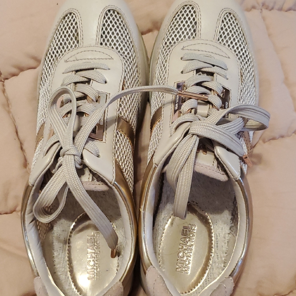 Michael Kors White and Gold Sneakers with Breathable Mesh